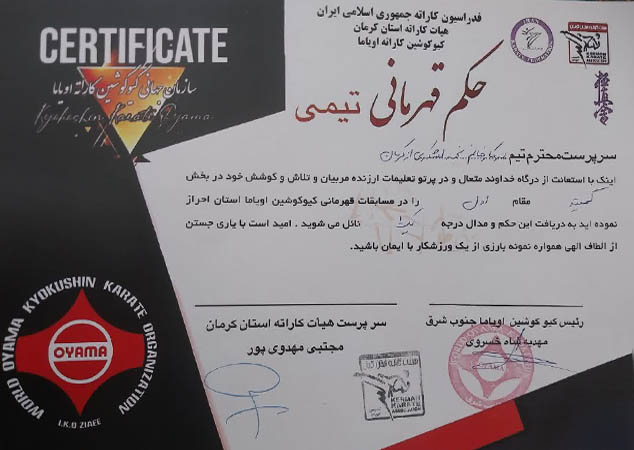 حکم قهرمانی دفاع شخصی بانوان نجمه لشکری در کرمان